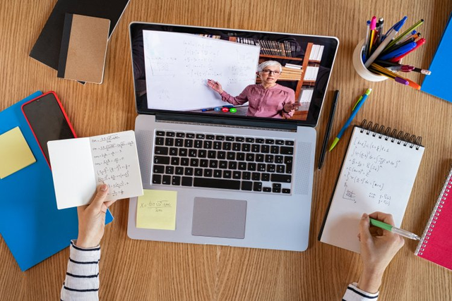 Student engaged in online school lesson with teacher.